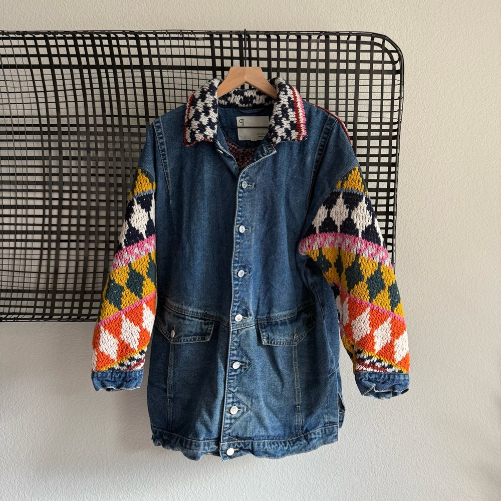 Anthropologie Denim Jean Jacket with Multicolor Knit Sleeves